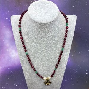 Natural Gem Beaded Necklace Garnet, Malachite & Pearls
